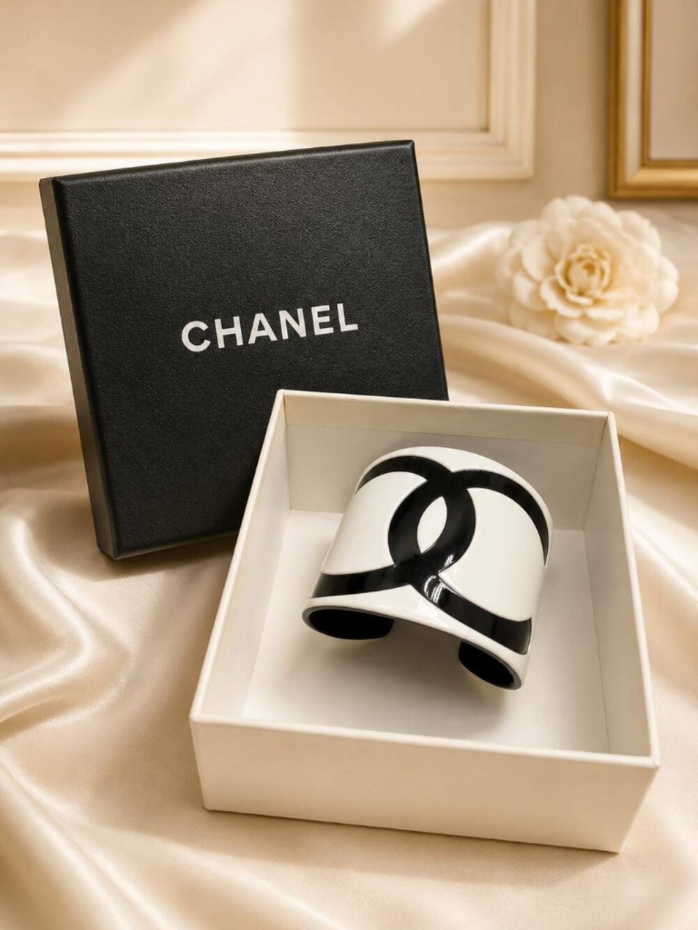 Authentic Chanel CC Logo Black White Resin Cuff Bangle Bracelet Wide Statement